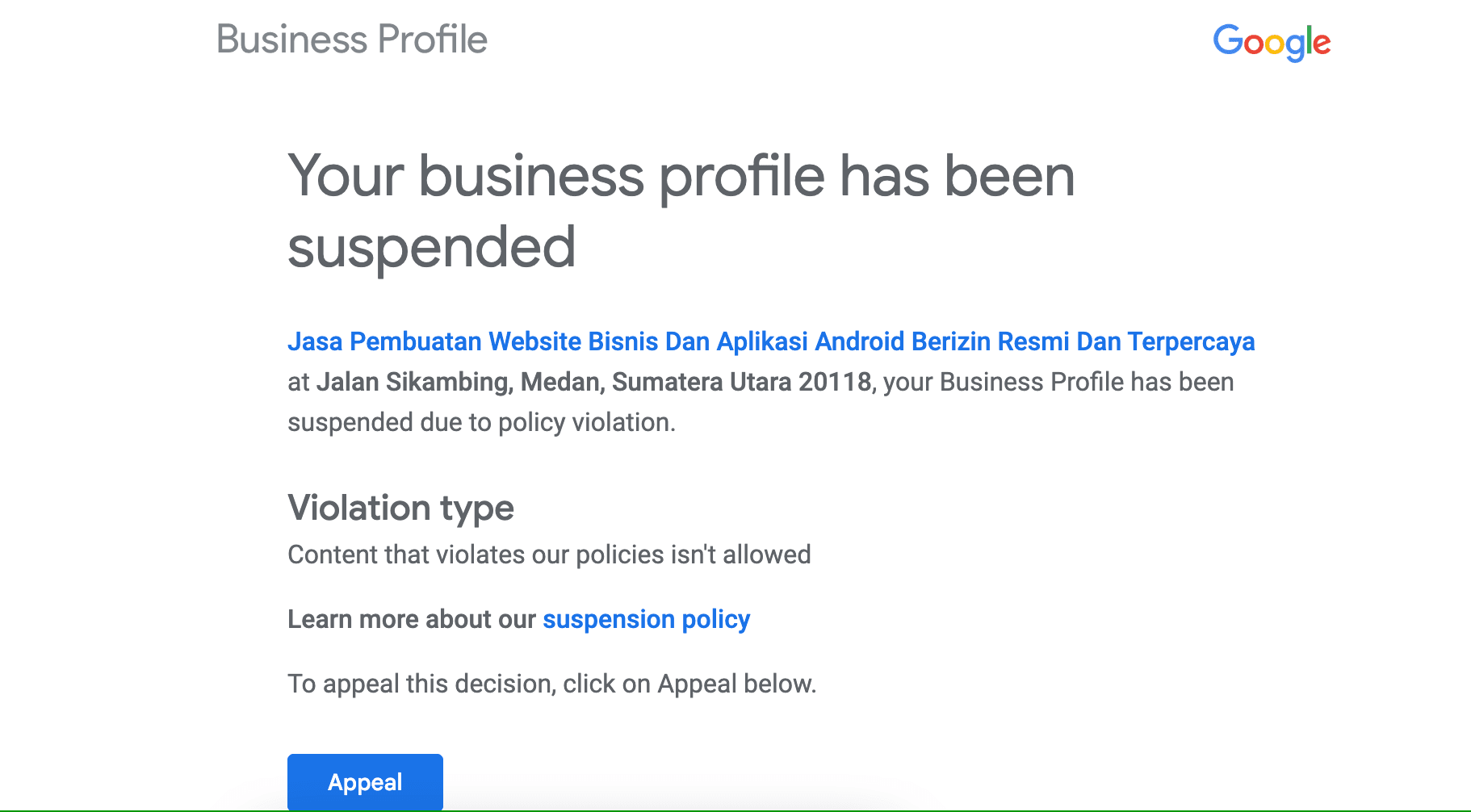 Kami menerima email dari Google bahwa profil bisnis MasbroWeb ditangguhkan